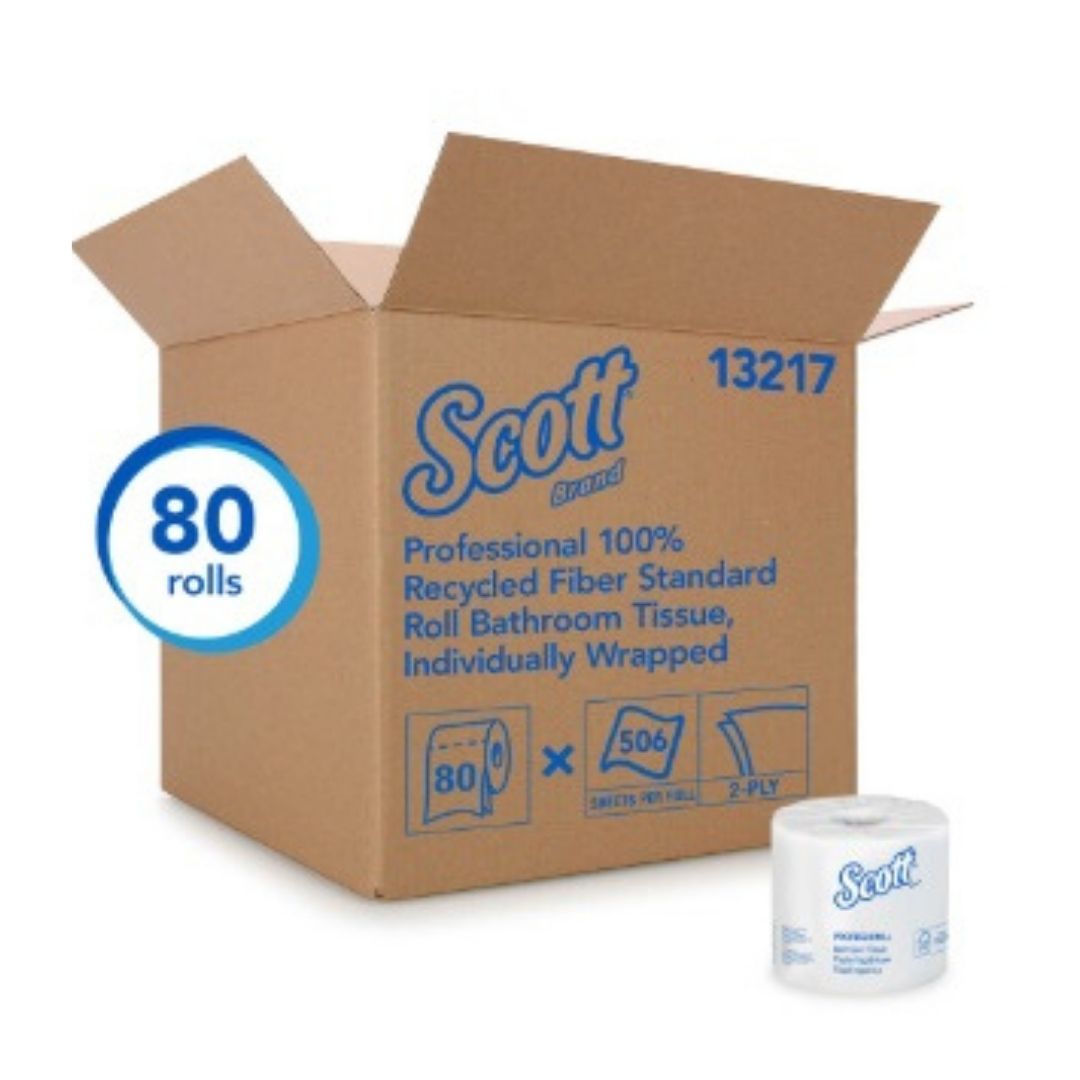 A cardboard box labeled 'Scott' containing 80 rolls of toilet paper, with a blue and white color scheme and individual wrap claim.